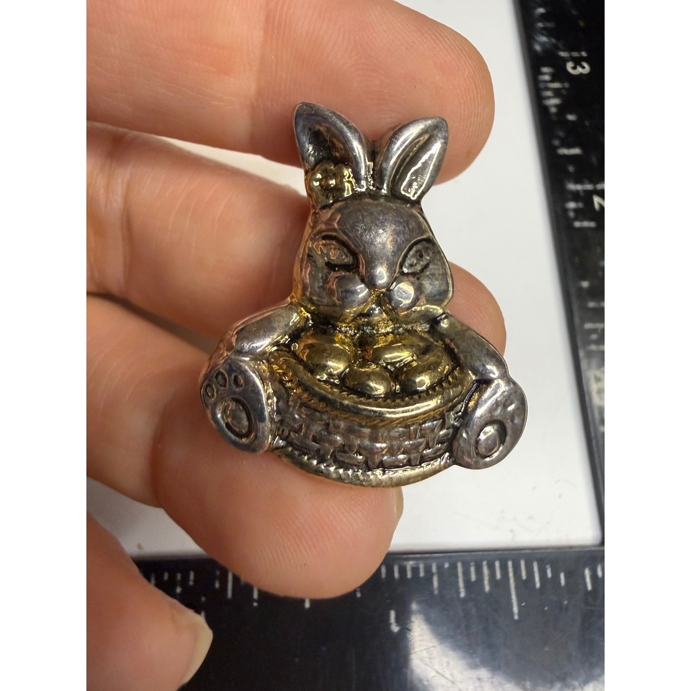 Vintage Easter Bunny Brooch Basket Golden Eggs Two Tone Silver Gold Pin
